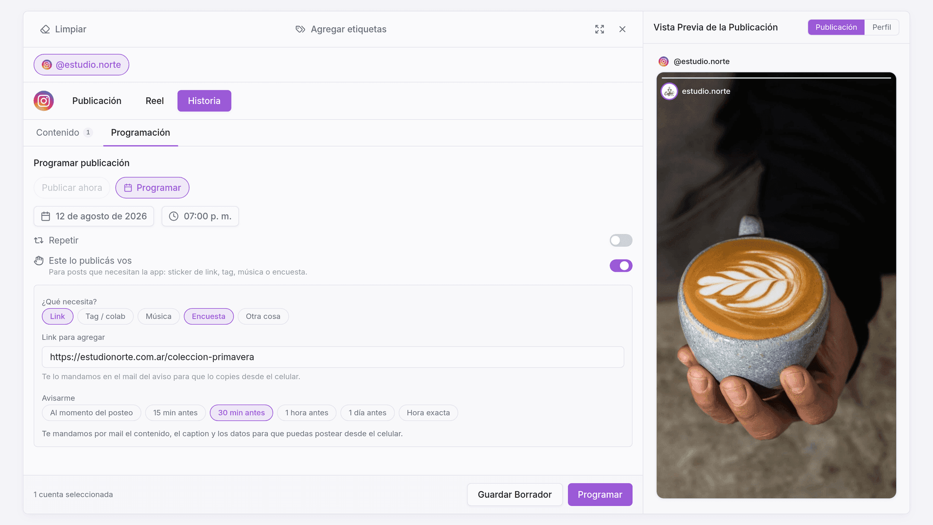 El modal de programar publicación de Planer con el panel «Este lo publicás vos» activado, mostrando las razones y el aviso