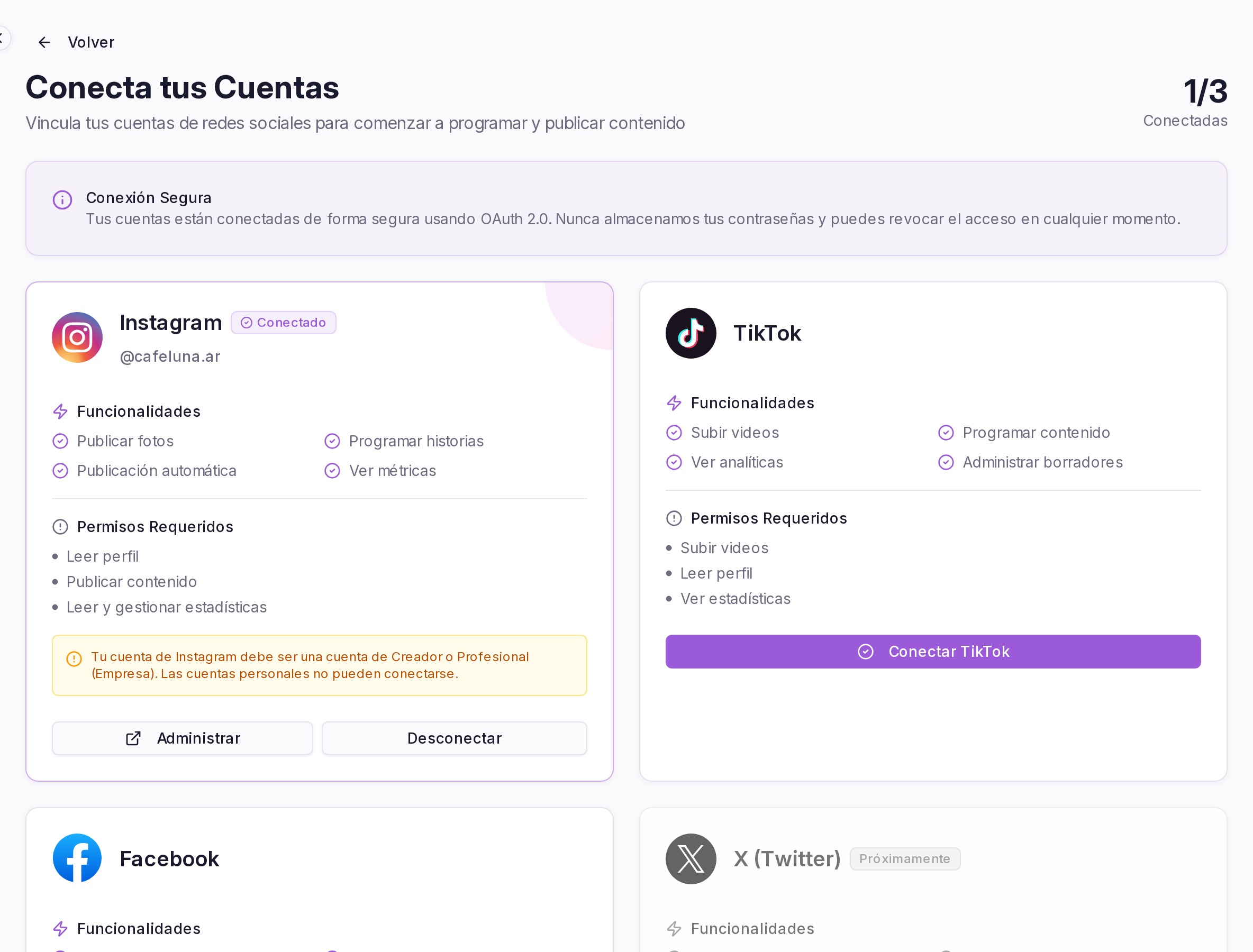 Pantalla de conexión de cuentas en Planer, con Instagram conectado