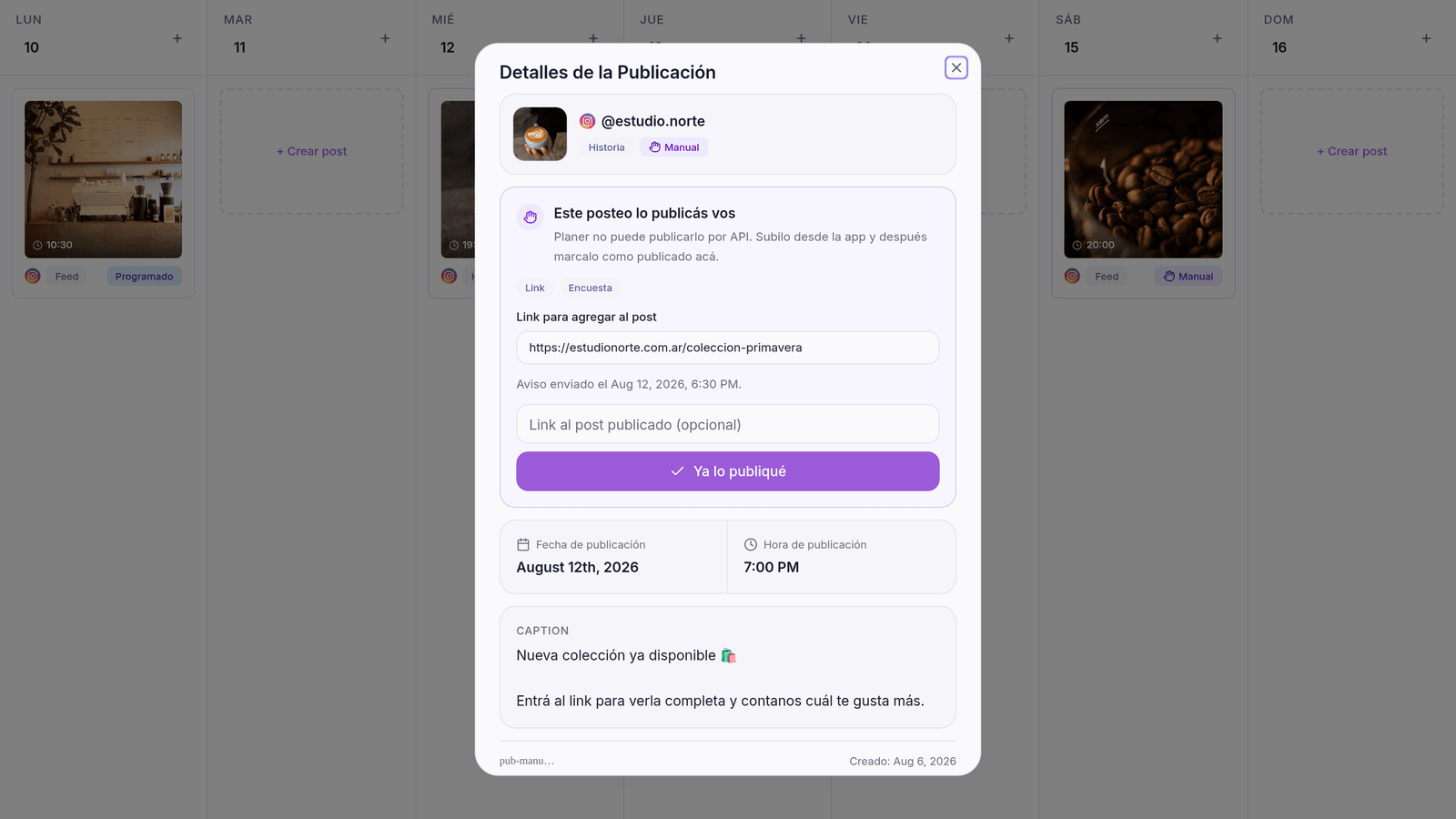 El calendario de Planer con un post marcado como Manual y el detalle de la publicación con el botón «Ya lo publiqué»