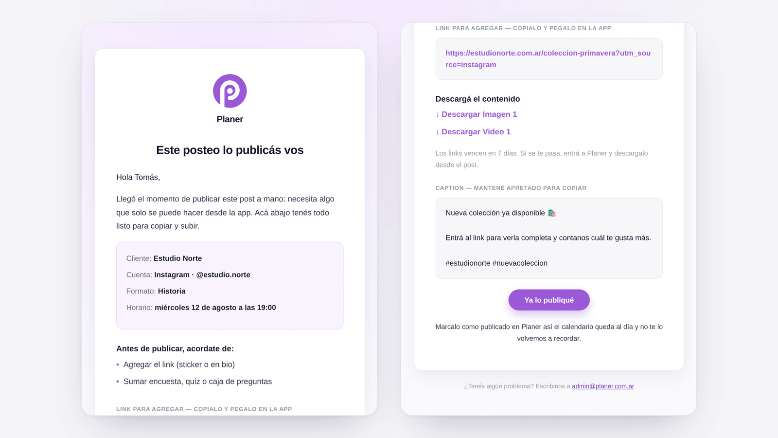 El mail de aviso de posteo manual en dos pantallas de celular: datos del post y checklist, y las descargas con el caption